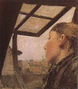 Laurits Andersen Ring Girl looking out of a Skylight oil painting